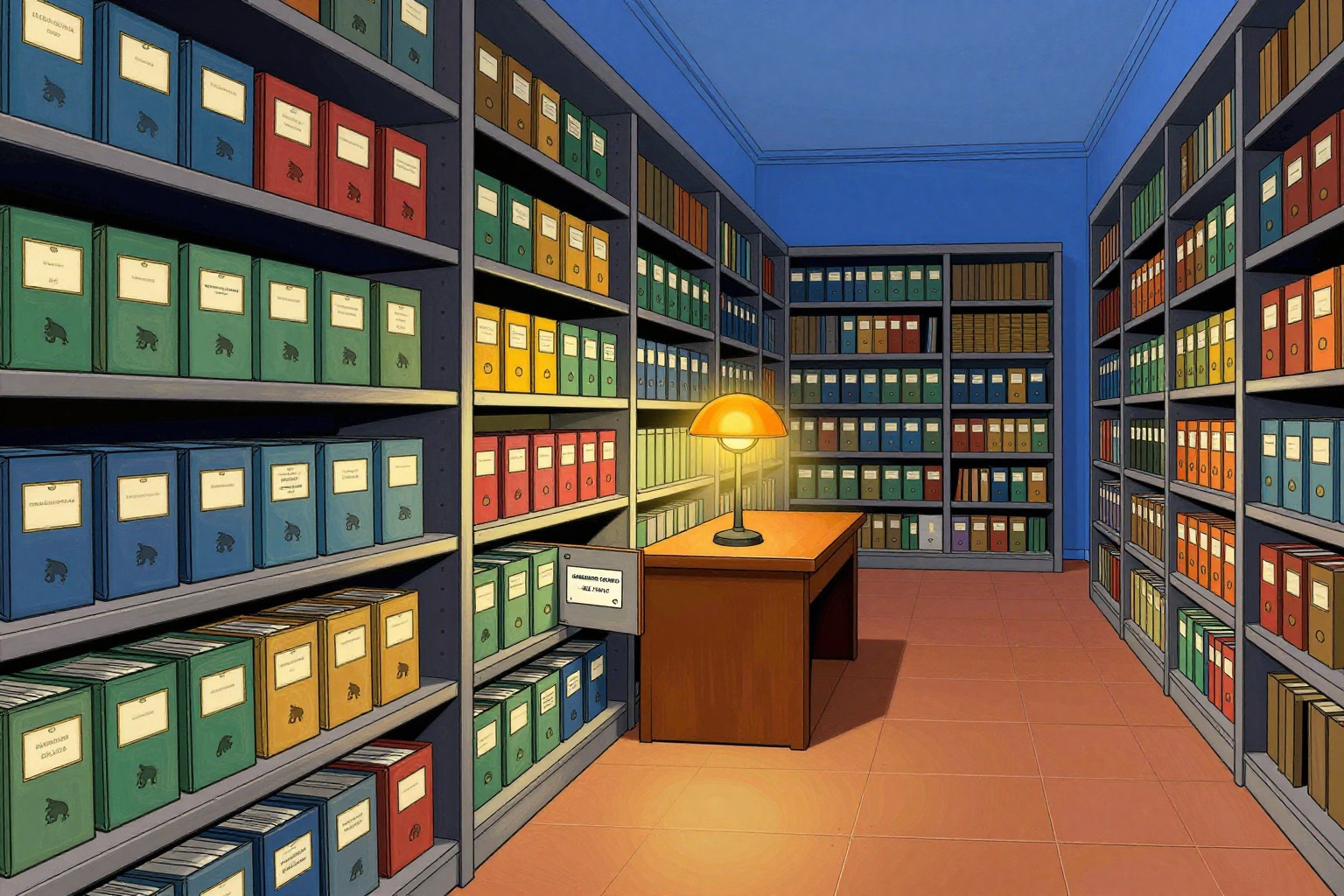 Rows of colour-coded ministerial binders stretching into a vanishing point, a single wooden desk lit by an orange lamp, Italian Brainrot creature silhouettes on binder spines